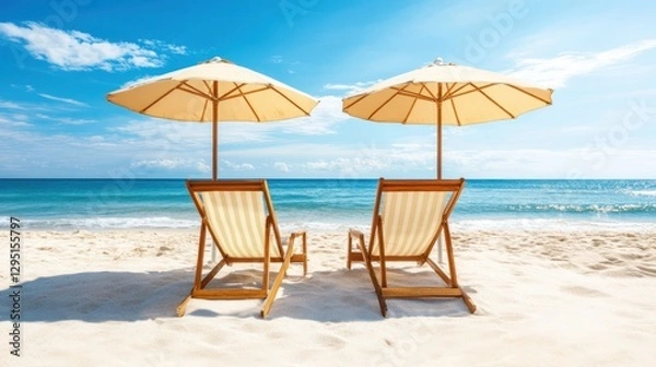 Fototapeta Two chairs and umbrellas are positioned on a sandy beach, offering a relaxing view of the ocean waves in the background.