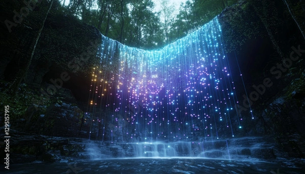 Fototapeta glowing chart overlay projected onto waterfall creates mesmerizing scene. vibrant colors illuminate cascading water
