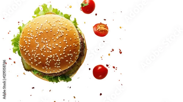 Obraz Delicious hamburger floating with lettuce, tomatoes, and spices on transparent background