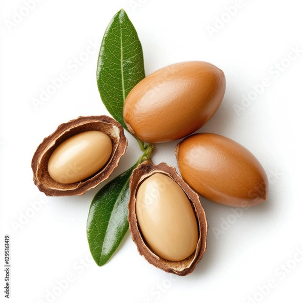 Fototapeta Argan nuts with leaves on white background, showcasing their natural beauty and unique shape. These nuts are known for their rich oil, often used in cosmetics and culinary dishes