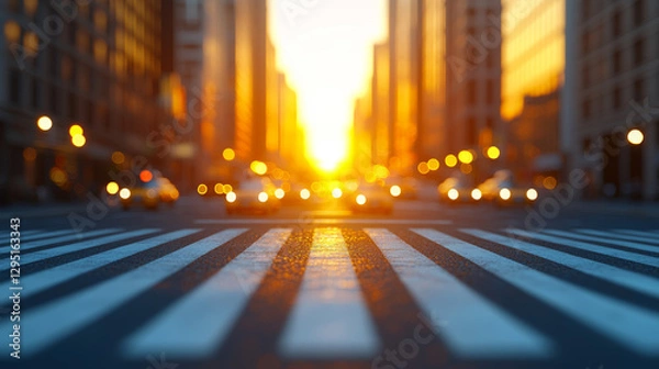 Fototapeta Cityscape in golden hour. vibrant sunset casts warm glow over busy city intersection