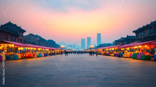 Fototapeta Cityscape in golden hour. vibrant pedestrian boulevard at golden hour with colorful market stalls