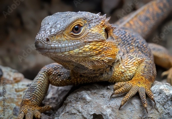 Fototapeta Detailed Close-up of a Colorful Lizard Resting on a Rock in Natural Habitat Capturing its Unique Textures and Vibrant Colors
