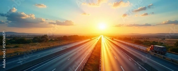 Obraz Bright sun shines on new highway construction , orange, site