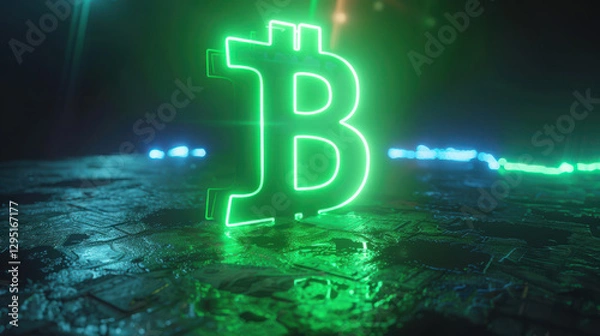 Obraz Glowing green Bitcoin symbol representing abundance and financial prosperity in a futuristic setting