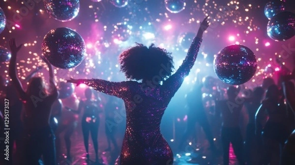 Fototapeta A graceful woman in a sparkling bodysuit dances exuberantly surrounded by shimmering disco balls, capturing the essence of vibrant nightlife.