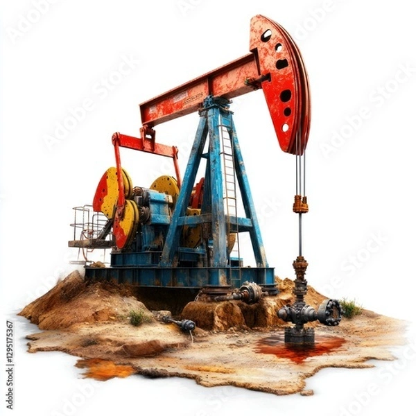 Fototapeta Professional image of an oil well artificial lift system with a seamless white background, perfect for branding, packaging, and advertising, featuring rod pumps and gas lift mechanisms.