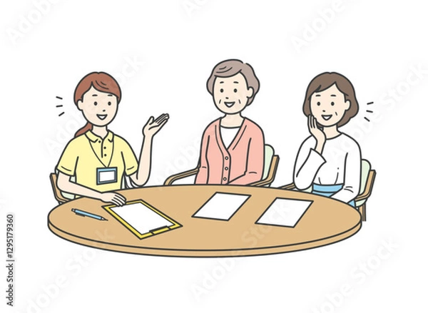 Obraz ケアマネから説明を受ける女性とおばあさんのイラスト
