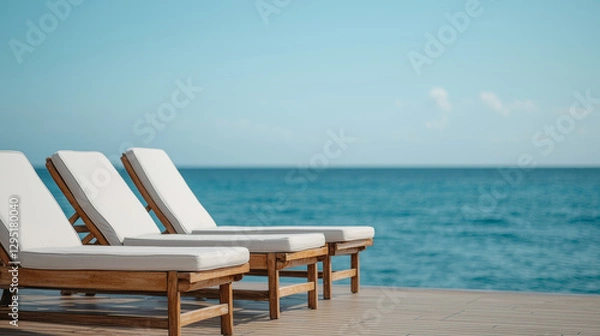 Fototapeta Empty lounge chairs on cruise deck offer an inviting ocean view at sunset