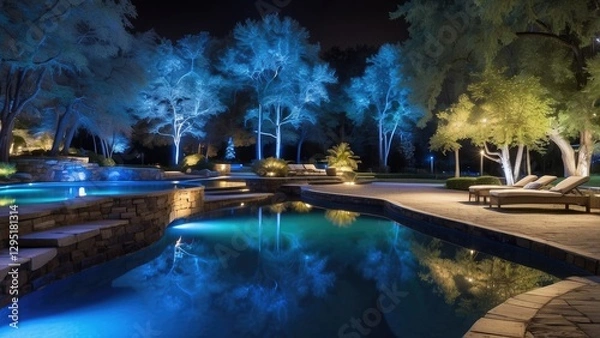 Fototapeta 1. Nighttime Light Decorations on Bridge and Trees by the Pool