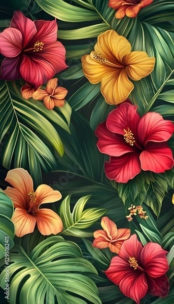 Fototapeta Vivid hibiscus blossoms and lush tropical leaves create a pattern