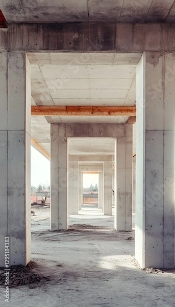 Fototapeta Concrete pillars form a tunnel like structure during construction