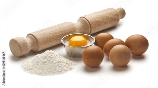 Fototapeta Wooden rolling pin, flour, eggs, and egg yolk on white background for baking
