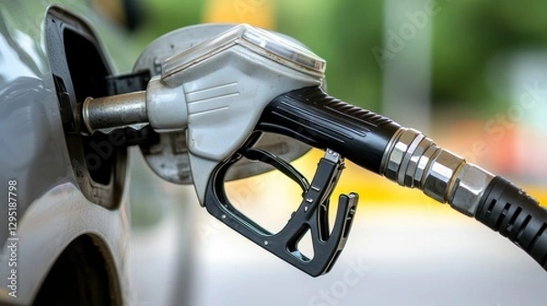 Fototapeta Close-up of a fuel pump nozzle inserted into a car's gas tank at a service station, with blurred background