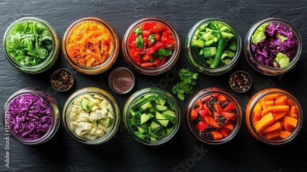 Obraz Variety of assorted vegetables and fermented foods in glass jars displayed on a wooden surface
