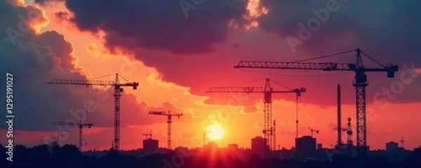 Obraz Sunset silhouettes of construction cranes against dramatic clouds , construction site, sunset