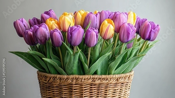 Fototapeta purple and yellow tulips in a wicker basket isolated,studio background