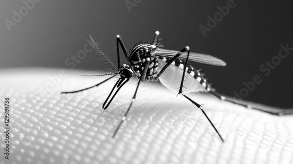 Fototapeta Close-up of a mosquito perched on textured skin, highlighting its intricate features and anatomy