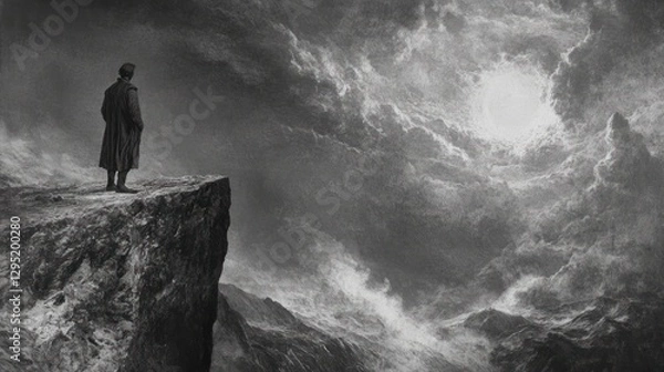 Fototapeta Figure contemplating turbulent skies standing on cliff edge, monochrome