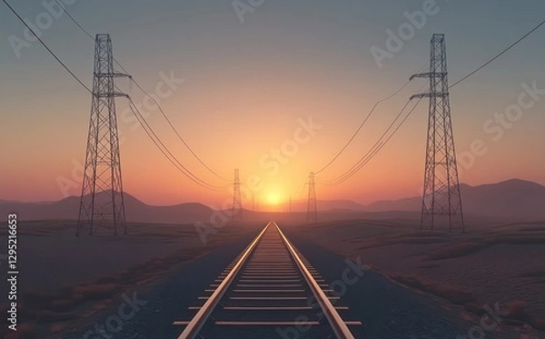 Fototapeta Sunset train tracks desert power lines landscape