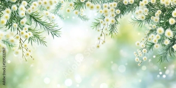 Fototapeta Delicate mimosa flowers and greenery on a soft blurred background