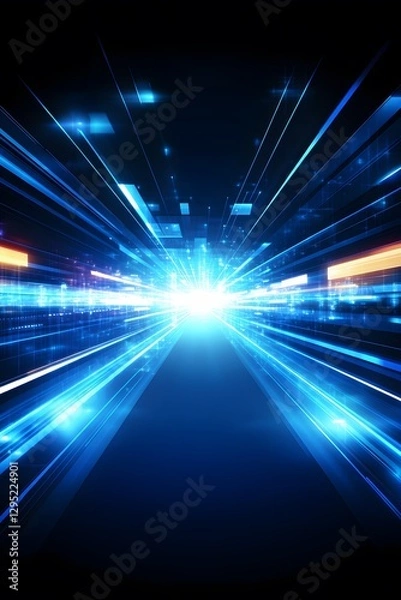 Fototapeta Abstract Futuristic Digital Tunnel Bright Blue Neon Lights Speed Lines Data Stream