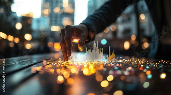 Fototapeta Futuristic data visualization with hand interacting with 3D graphs, glowing lights, and urban background creates captivating scene