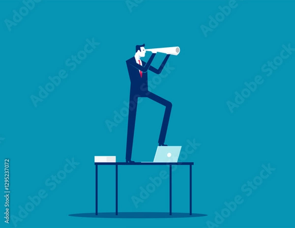 Fototapeta The businessman stands on the table and looks away with the rolled up paper. Business vector concept