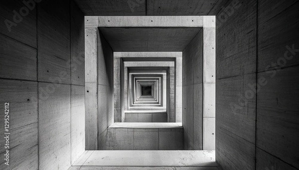 Fototapeta Descending Monochrome Tunnel: Abstract Geometric Architecture