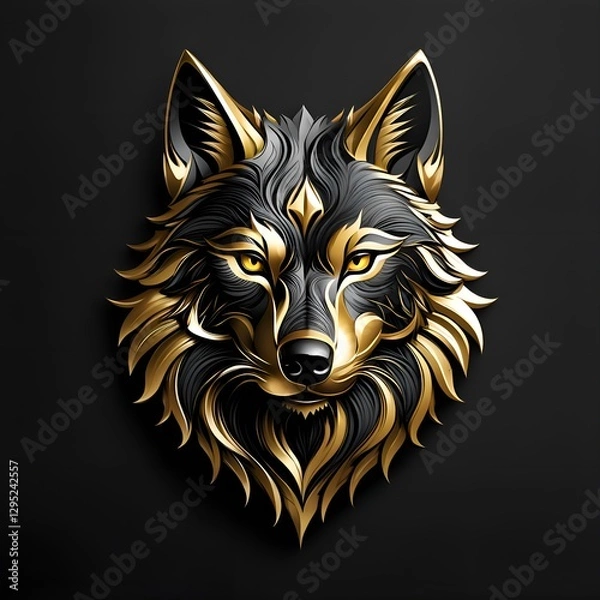 Obraz Ai-generated black and gold wolf head on a black backdrop.