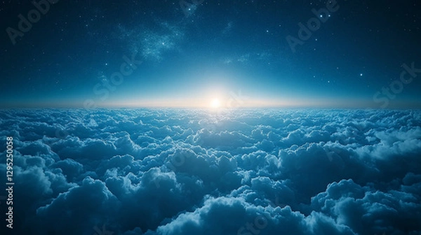Fototapeta Hyperrealistic night sky with deep blue hues, glowing stars and wispy clouds, symbolizing mystery, infinite possibilities, and cosmic wonder in a modern artistic atmosphere