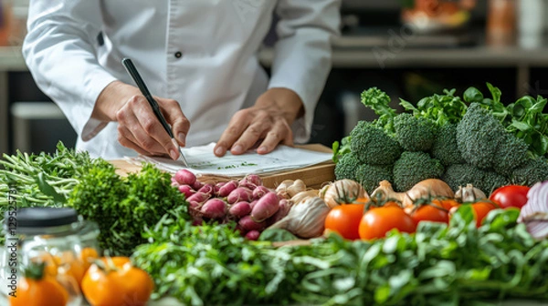 Fototapeta chef in kitchen writes notes surrounded by fresh vegetables, including broccoli, tomatoes, and herbs, showcasing focus on healthy cooking and meal preparation