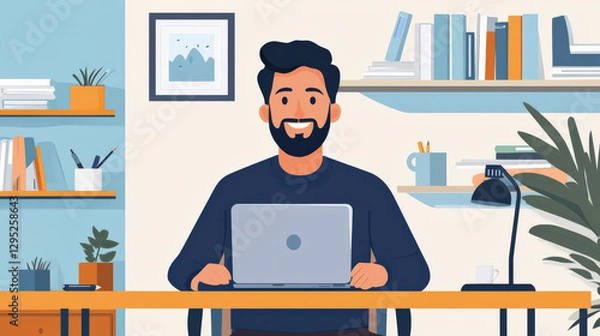 Fototapeta man with beard is sitting at desk with laptop, surrounded by books and plants, in modern home office setting. room is well organized and brightly lit, creating productive atmosphere