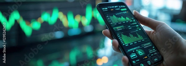 Fototapeta person holding smartphone displaying financial graphs and data, with blurred background of stock market chart. image conveys sense of modern finance and technology
