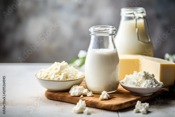 Obraz Variety of fresh dairy products arranged on wooden board. Glass jars of milk and creamy butter sit alongside bowls filled with rich cottage cheese.