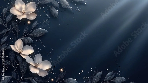 Obraz Elegant Dark Blue Floral Background with Glimmering Lights and Silver Leaves