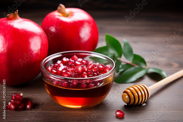 Obraz Fresh and vibrant red pomegranates are placed beside a small bowl of pomegranate seeds and honey, all resting on a warm wooden table, creating a delightful culinary scene.