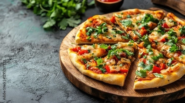 Fototapeta Delicious Freshly Baked Pizza with Colorful Toppings and Herbs