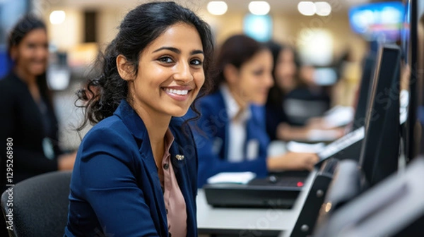 Fototapeta Empowered woman in professional setting, smiling at camera