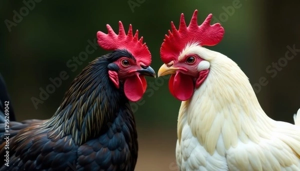 Fototapeta Close-up of white rooster and black hen mating , galliformes, animal breeding