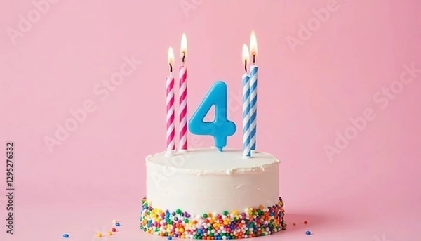Obraz 4th Birthday Cake with Colorful Sprinkles, Lit Pink and Blue Candles, and a Number 4 Candle on a Pink Background

