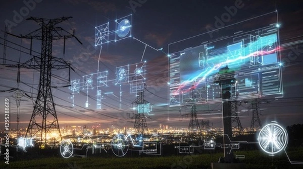 Obraz Futuristic Energy Grid Control Center with Cyberpunk Inspired Data Visualization