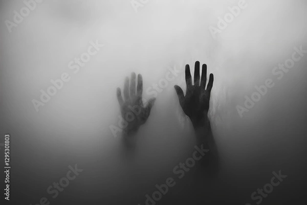 Fototapeta A black and white photograph of two hands behind a foggy glass creates an eerie atmosphere.