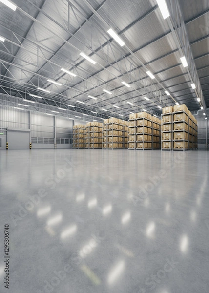 Obraz 3d rendering of warehouse industry building interior. known as distribution center, retail warehouse. Included cardboard box on shelf, empty space on concrete floor suit for industrial background.