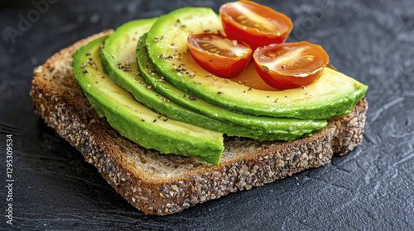 Fototapeta Avocado toast with sliced tomatoes on whole grain bread, garnished with pepper