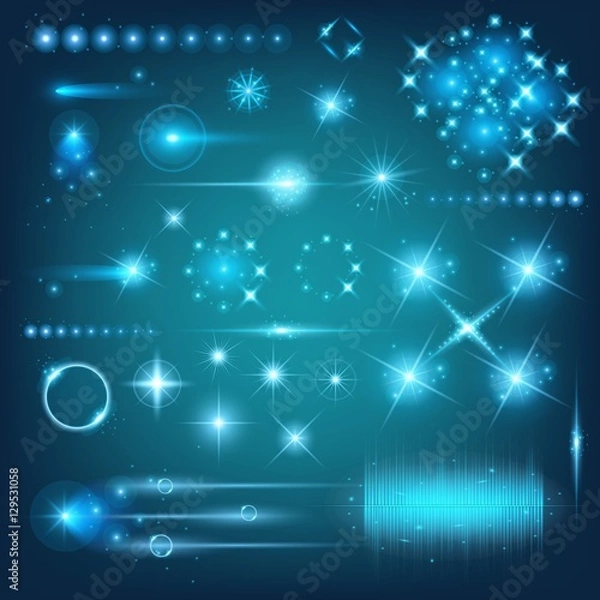 Fototapeta Creative concept Vector set of glow light effect stars bursts with sparkles isolated on black background. For illustration template art design, banner for Christmas celebrate, magic flash energy ray