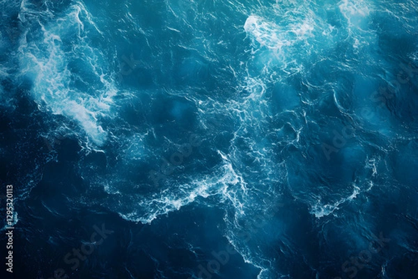 Fototapeta Aerial View of Azure Ocean Waters with White Foaming Waves Creating Mesmerizing Patterns and Textures, Showcasing the Raw Beauty and Serenity of the Open Sea