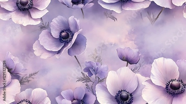 Fototapeta A graceful watercolor artwork of blooming anemones, featuring soft lavender petals and pale pink accents, arranged naturally on a muted lavender canvas with a vintage botanical style.
