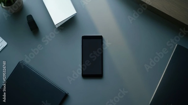 Fototapeta Executive departures with a phone resting on a desk. Featuring career shift and leadership change