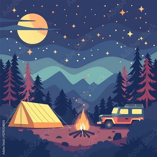 Fototapeta Simple and charming illustration of an adventure scene with a tent, campfire, and a vehicle under a starry sky, designed in a flat and modern clip art style, 8k UHD, suitable for high-quality 